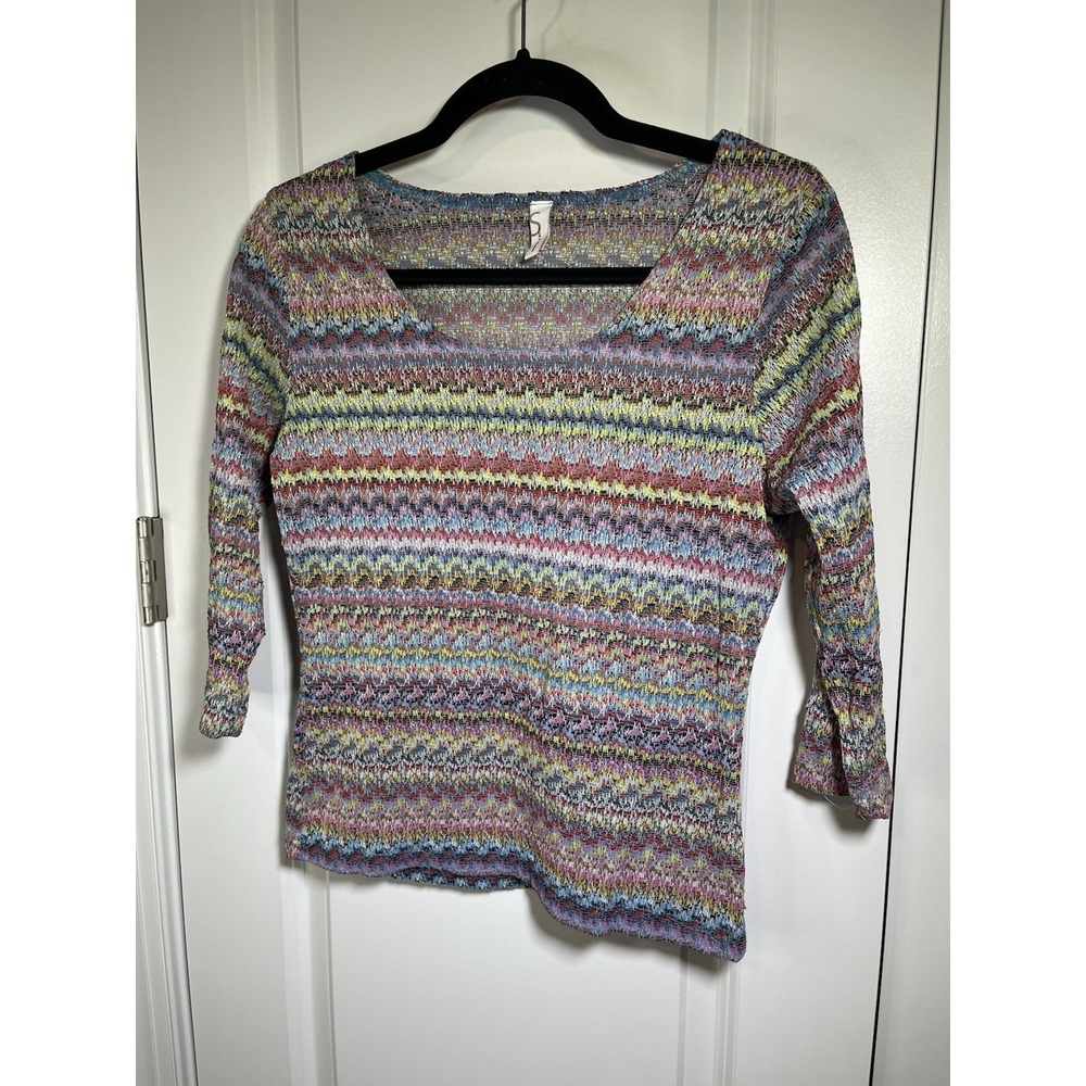 Suzy Shier Blouse - Rainbow Chevron Stripes Sheerish Size M 3/4 Sleeve